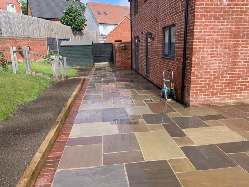 Indian-Sandstone-Patio-with-Brick-Border-and-Sleepers-in-Ashford-Kent-10