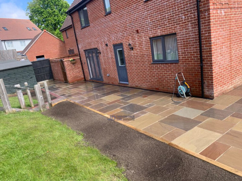 Indian-Sandstone-Patio-with-Brick-Border-and-Sleepers-in-Ashford-Kent-11