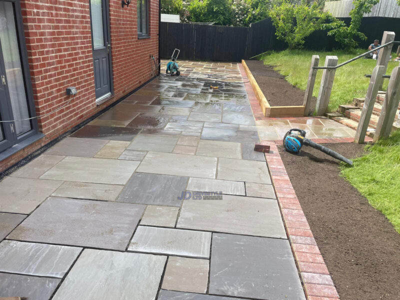 Indian-Sandstone-Patio-with-Brick-Border-and-Sleepers-in-Ashford-Kent-6